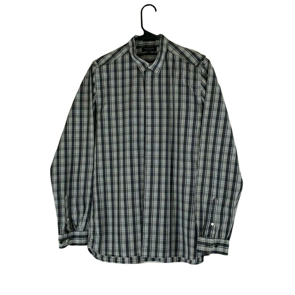 Ted Baker gray white plaid long sleeves buttoned shirt size 3 - Small